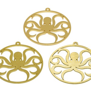 Ciondolo per orecchini con taglio laser a polpo, ciondoli per animali rotondi in ottone grezzo, fascino per tentacoli di polpo nautico, lucidatura fatta a mano, oro 37,53*35,08*0,8 mm