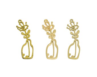 May include: Three gold-colored metal charms in the shape of stylized flowers in vases. Each charm features a flower with a detailed top, a stem with leaves, and a vase-shaped base. The charms are designed for jewelry making or crafting.