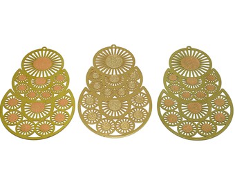 Triple Round Earring Charm, Abstract Exaggerated Sun Cutout Charm, Raw Brass Hollow Crescent Charm, Handmade Polishing, Gold 79.5*47*0.3mm