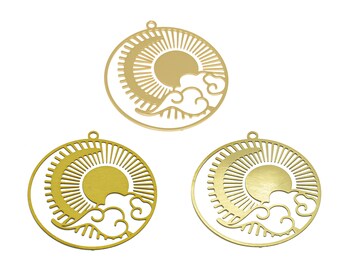 May include: Three gold metal charms with a sun and cloud design. Each charm is round and has a hole at the top for hanging.