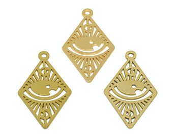 Boucle d'oreille losange découpée au laser, breloque oeil en laiton brut, breloque croissant de cils abstrait, polissage à la main, or véritable 18 carats 31,74 x 17,7 x 0,7 mm