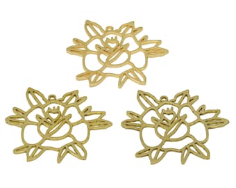 Boucle d'oreille rose découpée au laser, breloque de boucle d'oreille rose épine en laiton brut, breloque floral abstrait découpé, polissage à la main, placage à l'or 18 carats 33*32*0,87 mm