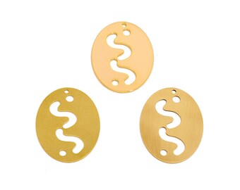 May include: Three gold-colored oval pendants with a wavy cutout design. Each pendant has a small hole at the top for stringing and two small holes at the bottom. The pendants are displayed on a white background.