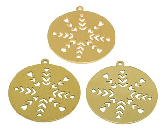 Runda snöflinge-laserskurna örhängesberlocker, hjärtformade blommaberlocker i rå mässing, abstrakta löv-snöberlocker, handgjord polering, guld 34,61*32*0,7 mm