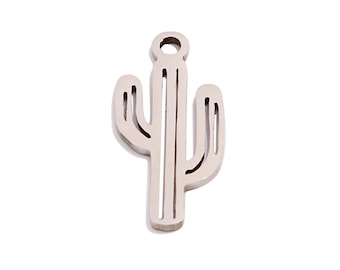 May include: A silver-colored cactus charm with a loop at the top for hanging. The charm has a cutout design, with a central stem and two side arms. The charm is likely made of metal and is suitable for jewelry making.