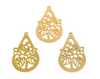 Drop Lasercut Earring Charms, Raw Brass Flower Leaf Star Hollow Pendant, Handmade Polishing, 18K Real Gold Plating, Jewelry 39.86*23.7*0.8mm