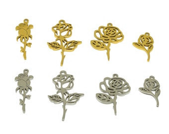 Colgantes de rosas cortados con láser, acero inoxidable, colgantes botánicos para pendientes, colgante de hoja de rosa de acero, colgante de flor de acero inoxidable, baño de oro.