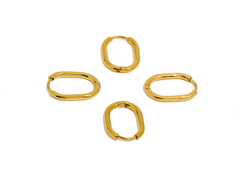 Gold Oval Rectangle Hoop Earring, Stainless Steel 316 StudEarring, Steel Ear Hoops, Huggie Hoop Earring, Gold TonePlated VK1716 image 3