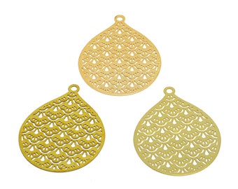 0.3mm Fat Drop Earring, Textured Scales Lasercut Charm, Raw Brass Teardrop Charm, Handmade Polishing, 18K Real Gold Plated 37.2*28*0.3mm