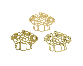 Bouquet Lasercut Earring Charm, Raw Brass Flower Basket Pendant, Handmade Polishing, 18K Real Gold Plated, Jewelry Making 34.14*37.76*0.78mm