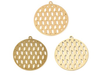 Round Lattice Laser Cut Charm, Hollow Parallelogram Earring, Handmade Polishing, Raw Brass Cutout Charm, 18K Real Gold 35.86*32.96*0.65mm