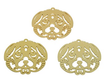 Pingente de brinco com cabeça de cachorro cortada a laser, pingente de brinco de filhote, pingente de animal de estimação, polimento artesanal, pingente de animal recortado em latão bruto, dourado 31,86*32,21*0,7 mm