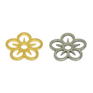 May include: Two metal flower charms, one gold and one silver. Both charms feature a six-pointed star design in the centre.