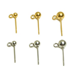Steel Ball Earring Post, 316 Stainless Steel Stud, Ball Stud Earrings With Loop, 14mm 16mm Steel DIY Earring Findings, Gold Tone Plating