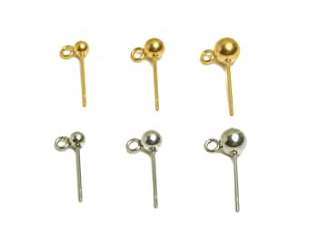 Steel Ball Earring Post, 316 Stainless Steel Stud, Ball Stud Earrings With Loop, 14mm 16mm Steel DIY Earring Findings, Gold Tone Plating