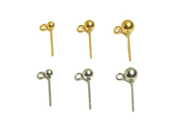 Steel Ball Earring Post, 316 Stainless Steel Stud, Ball Stud Earrings With Loop, 14mm 16mm Steel DIY Earring Findings, Gold Tone Plating