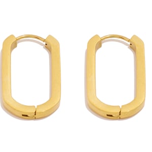 Steel Oval Rectangle Hoop Earring, U Shape Thick Huggie Hoop Earrings, Stainless Steel Geometric Hoop Earrings, 18K Gold Tone Plating VK2180