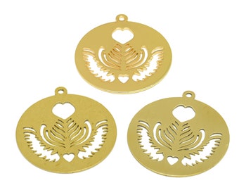 Round Lasercut Earring Charm, Raw Brass Botanical Wings Charm, Abstract Heart Cut Out Charms, Handmade Polishing, 18K Gold 31.87*28.91*0.7mm