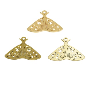Moth Lasercut Earring Charm, Raw Brass Hollow Flower Butterfly Moth Insect Pendant, Handmade Polishing, 18K Real Gold DIY 29.66*21.9*0.65mm