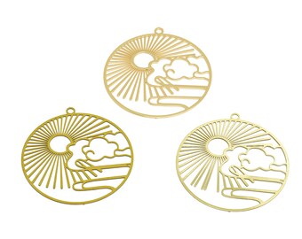May include: Three gold metal charms with a sun, clouds, and waves design. The charms are round and have a hole at the top for hanging.