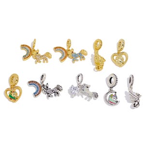 Brass Enamel Dangle Charm, Whimsical Rainbow Unicorn Pendant with CZ, Kids Bracelet or Necklace Charm, Fantasy Jewelry Making Supply
