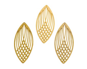 Leaf Lasercut Earring Charms, Raw Brass Grid Hollow Leaf Pendant, Handmade Polishing, 18K Real Gold Plated, Gold Jewelry 55.39*22.12*0.7mm