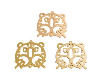Charm Kawaii con cara de tigre cortado con láser, charm geométrico de animal de latón crudo, pulido a mano, oro real de 18 quilates, para hacer joyas DIY 31*31*0.7 mm