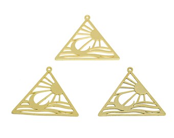 Breloque triangle en laiton brut, breloques paysage croissant de lune soleil, boucle d'oreille vagues en or véritable 18 carats, accessoires de boucle d'oreille, accessoires pour fabrication de bijoux VW728