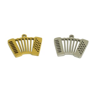 May include: Two accordion-shaped charms, one gold and one silver, are shown against a white background. The charms are detailed with small holes and lines.