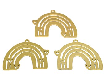 Boucle d'oreille arc-en-ciel découpée au laser, breloque découpée en arc en fil d'or, polissage fait main, breloques arc-en-ciel coeur d'amour en laiton brut, or 18 carats 29,96*32,15*0,8 mm