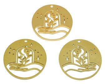 Boucle d'oreille ronde fleur découpée au laser, étoile soleil lune bombée en verre, polissage à la main, breloque fleur coeur en laiton, 34,7 x 28 x 0,7 mm