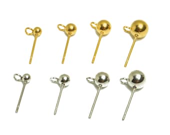 Steel Ball Earring Post, 304/316 Stainless Steel Stud, Ball Stud Earrings With Loop, Steel DIY Earring Findings, Gold Tone Plating