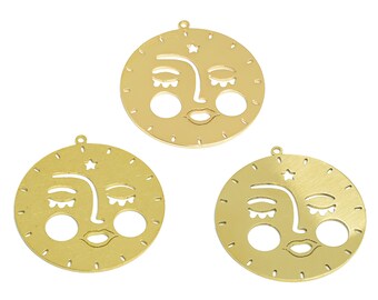 2pcs Raw Brass Abstract Face Charm, Round Artistic Face Earring Charm, Design Face Pendant, Gold Star Earring, Jewelry Supplies BW4509