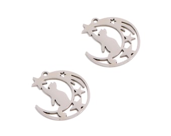 Breloque croissant découpé au laser en acier, breloque chat moderne cueillant des étoiles, acier inoxydable 316, fabrication de bijoux en acier céleste 19,74 x 17,73 x 0,98 mm VK2213