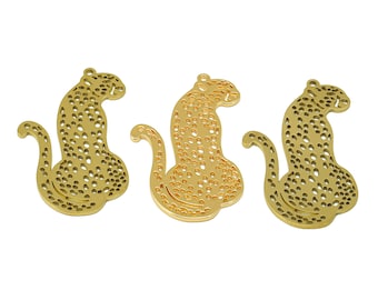 Amuletos de brinco com corte a laser de leopardo, amuletos de pantera de latão cru, pingente de recorte de gato com ponto dourado, polimento feito à mão, banhado a ouro real 18K 42 * 23 * 0,88 mm