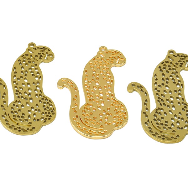 Leopard Laser Cut Earring Charms, Raw Brass Panther Charms, Gold Dot Cat Cutout Charm, Handmade Polishing, 18K Real Gold Plated 42*23*0.88mm