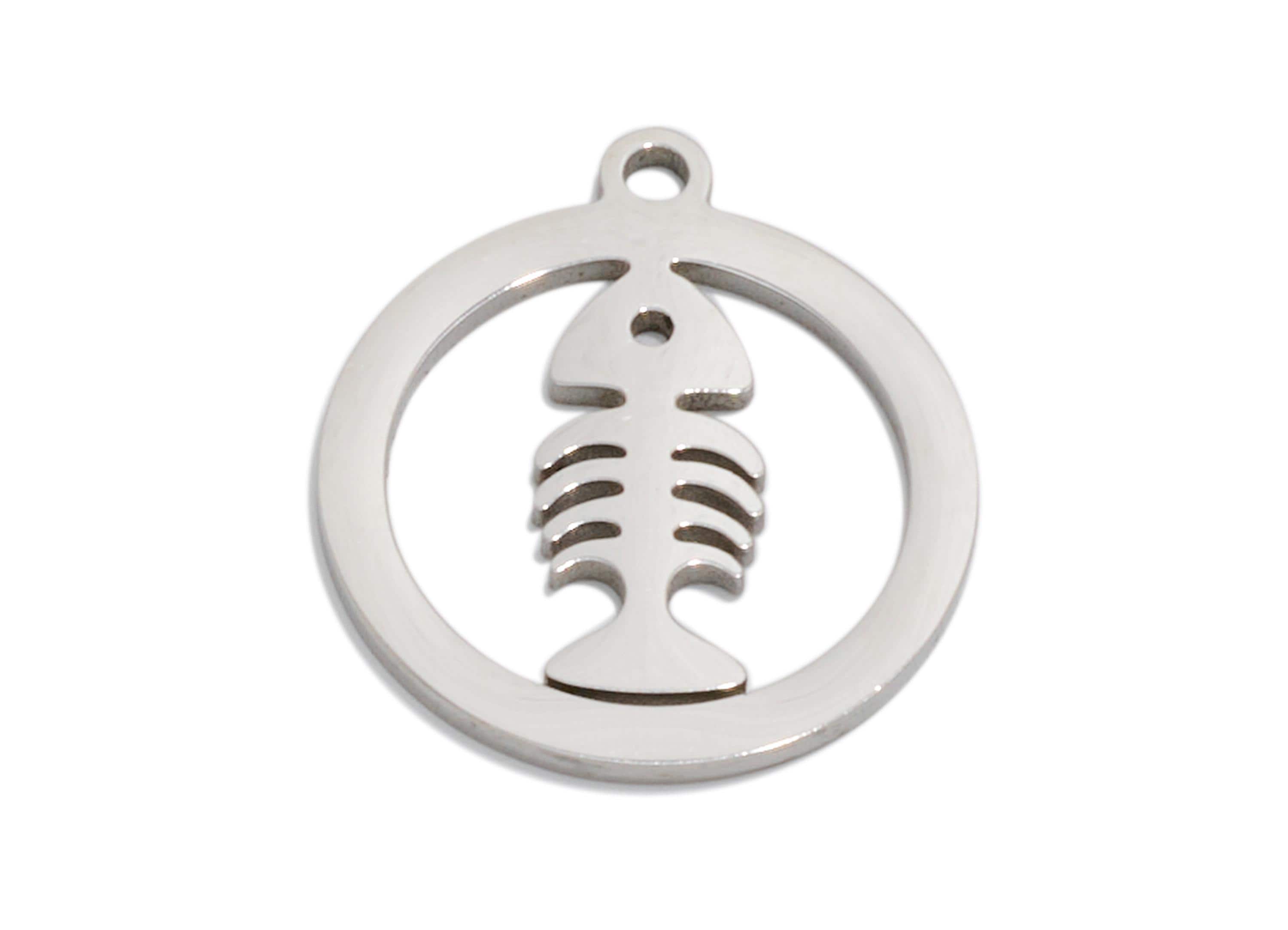 Fishbone Hollo Steel Fish Charms, Fish in Circle, Hollow Fish Bone Charm, Stainless ...