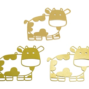 0,3 mm Krowa Cięta Laserowo Kolczyk Charm, Złoty Drut Krowa Cartoon Charm, Ręcznie Polerowany, Surowy Mosiężny Cartoon Animal Charm, Złoto 42,73*37,31*0,29 mm