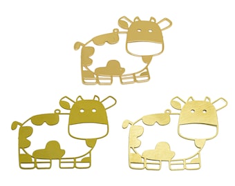 Boucle d'oreille vache découpée au laser 0,3 mm, breloque vache dessin animé en fil d'or, polissage fait main, breloque animal dessin animé en laiton brut, or 42,73*37,31*0,29 mm