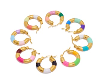 Steel Open Round Hinged Back Earring, Circle Colorful Enamel Thick Earring Hoop Clasp, Stainless Steel Circle Earrings, Gold Tone Plating