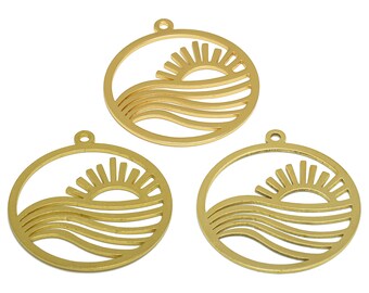 Boucle d'oreille ronde soleil de mer découpée au laser, breloque paysage lever de soleil vague brute, polissage fait main, breloques soleil coucher de soleil en laiton, or 33,16*29,79*0,8 mm