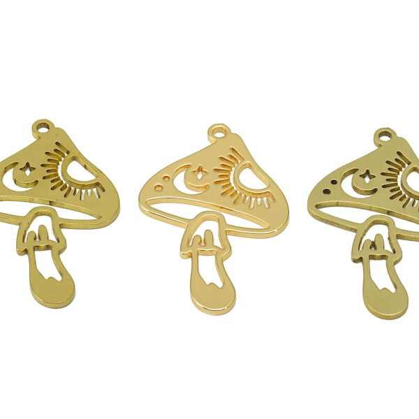 Mushroom Laser Cut Earring Charms, Raw Brass Landscape Crescent Charms, Moon Star Sun Earrings, Handmade Polishing, 18K Gold 29*18*0.87mm