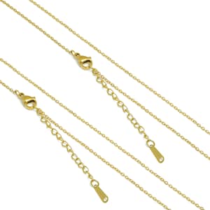 May include: Three gold chains with lobster clasps and extender chains. The chains are layered on top of each other.