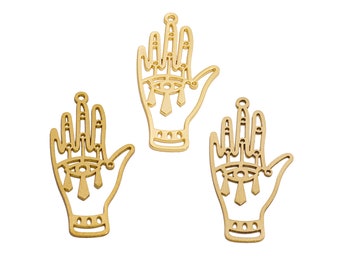May include: Three gold-colored metal charms shaped like hands with an eye design in the center of each palm.