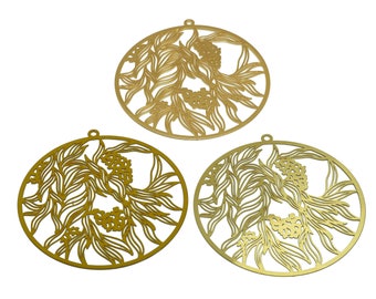Brinco redondo com corte a laser botânico, pingente abstrato de galho de 0,3 mm, pingente de folha vazada em latão bruto, polimento artesanal, ouro 18K, 58*55*0,3 mm