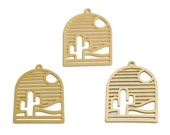 18K Gold Cactus Earring Charm, Domed Striped Desert Landscape Charm, Raw Brass Sun Desert Earring, Sun Charm Jewelry Findings VW770