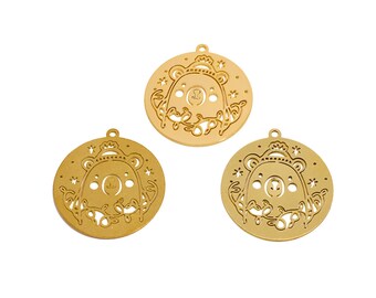 Round Lasercut Earring Charms, Raw Brass Bear Star Children's Day Pendant, Handmade Polishing, 18K Real Gold Plated DIY 37.66*32.94*0.76mm