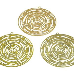 May include: Three gold metal circular ornaments with intricate concentric circle designs. Each ornament has a small loop at the top for hanging.