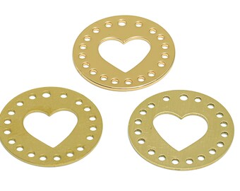 Pendientes redondos cortados con láser, dijes planos de corazones y círculos, pulidos a mano, dije de latón crudo calado, oro auténtico de 18 quilates, 24,82 x 24,83 x 0,7 mm