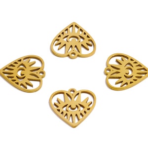 Steel Heart Charms, 316 Stainless Steel, Textured Heart Eye Lasercut Charm, Stainless Steel Love Heart Pendant, Gold Tone Plating DIY VK1792
